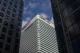 HSBC tower with logo seen from below between two other skyscrapers
